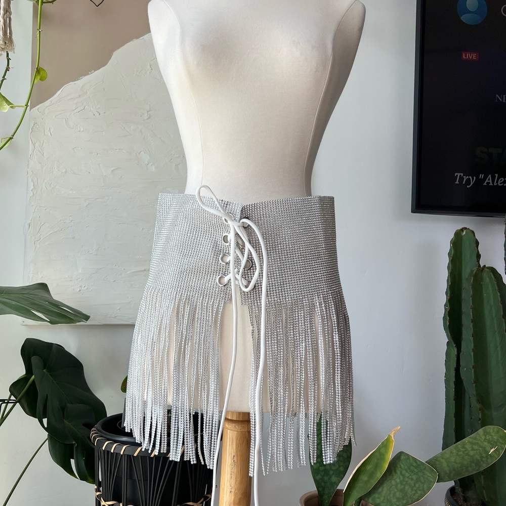 Women's Rhinestone Tassel Mini Skirts Festival Dance Bottoms (fits like M or L)
